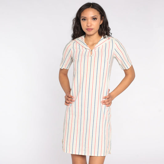 70s Striped Sailor Collar Mini Dress Short Sleeve Shift Nautical Extra Small XS