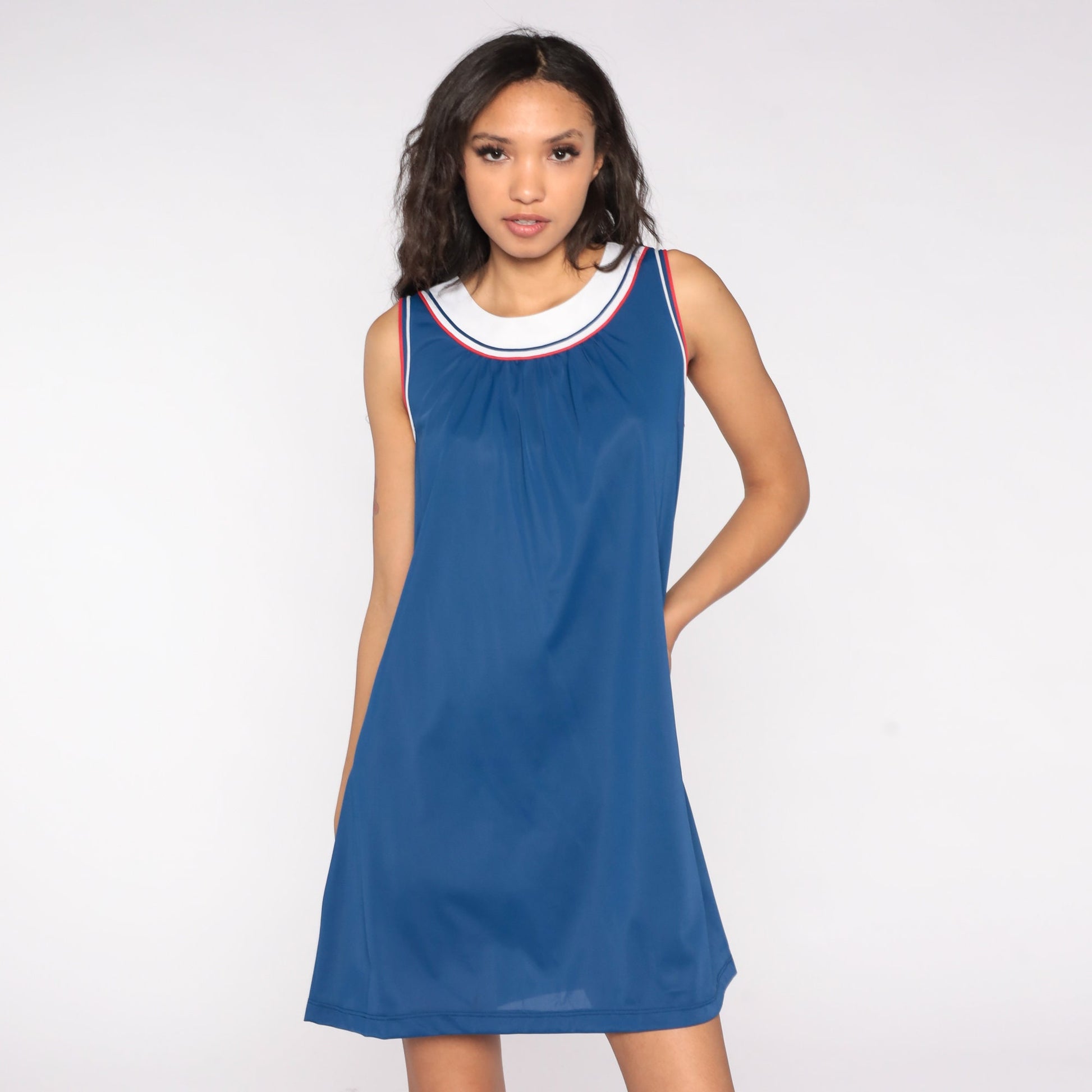 70s Blue Striped Nightgown Sleeveless Mini Lounge Dress Keyhole Back Large