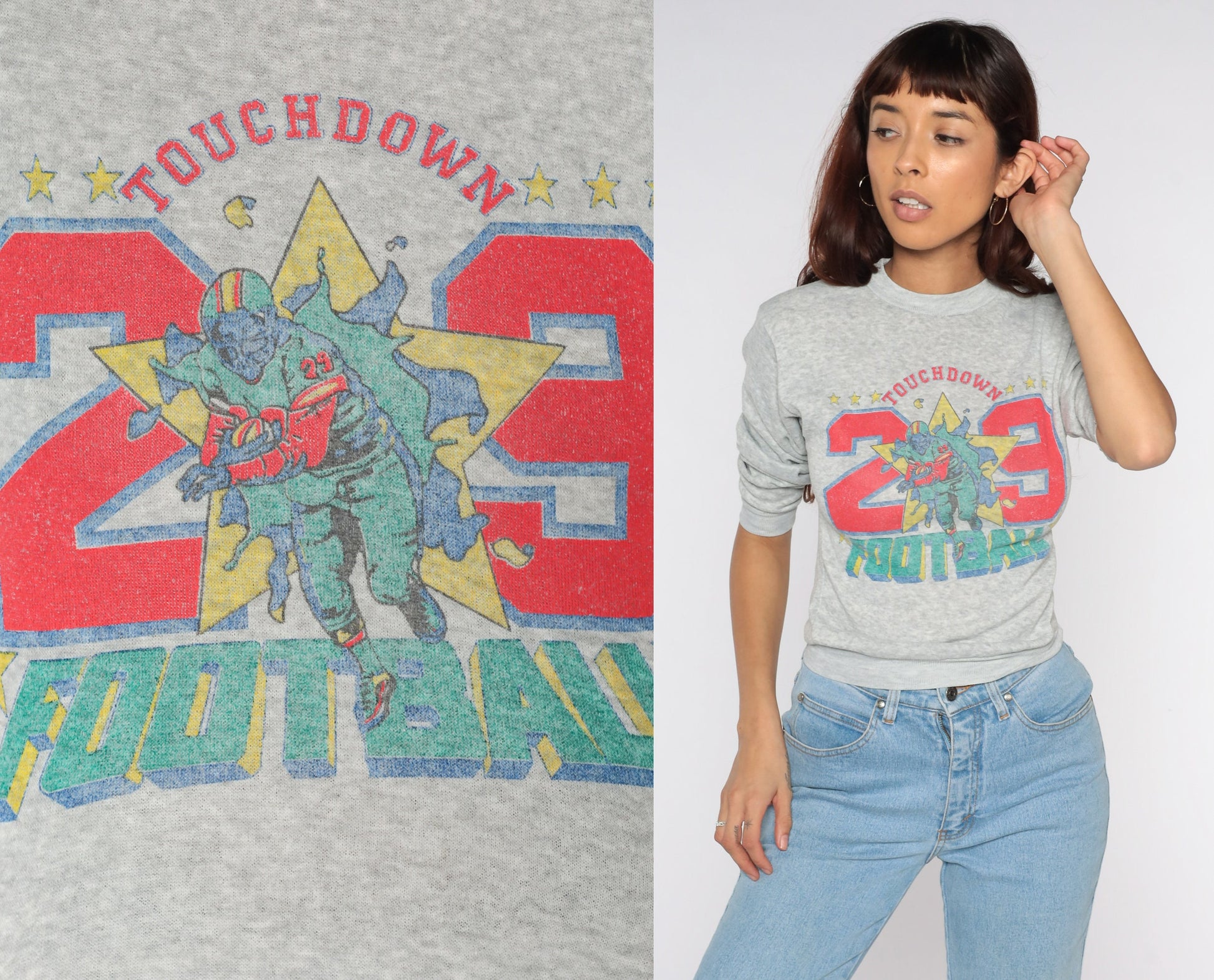 80s Football Touchdown #29 Sweatshirt Grey Graphic Pullover XXS