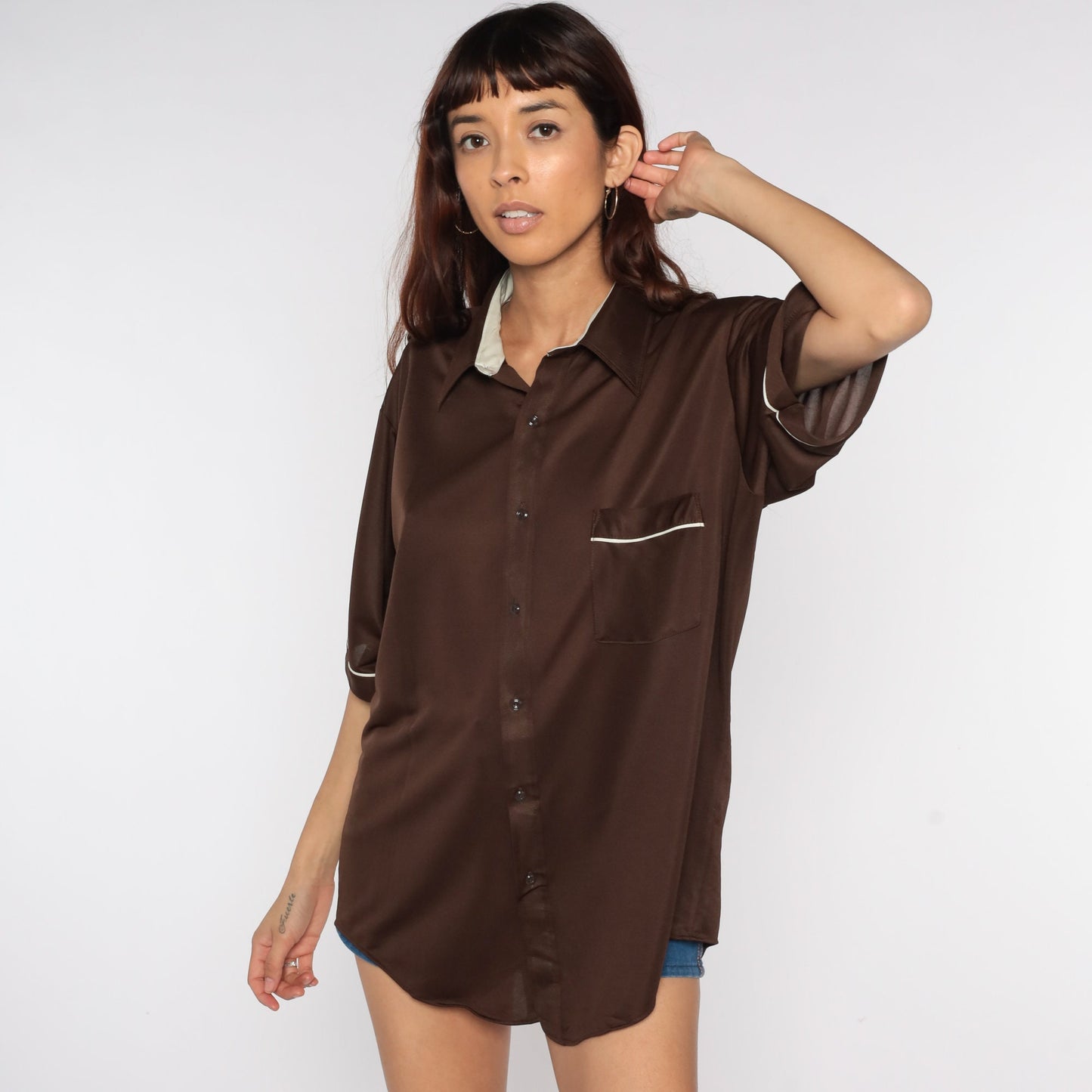 70s Brown Button-Up Shirt White Trim Short Sleeve Collared Men's Extra Large