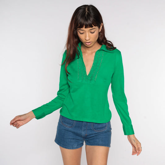 70s Green Collared Blouse Crochet Trim V Neck Long Sleeve Small
