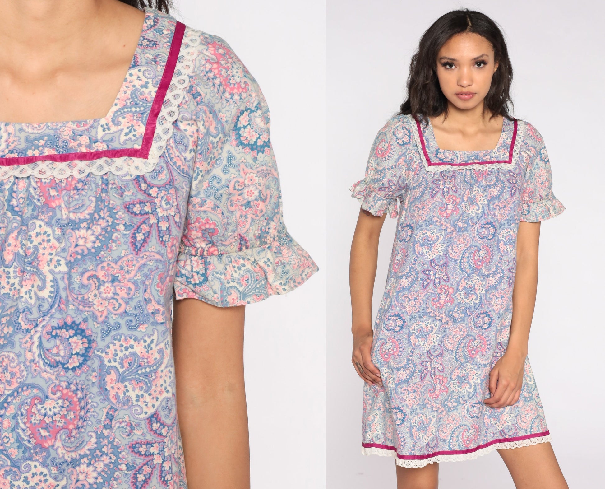 80s Paisley Mini Dress Puff Sleeve Shift Cut Lace Trim Small
