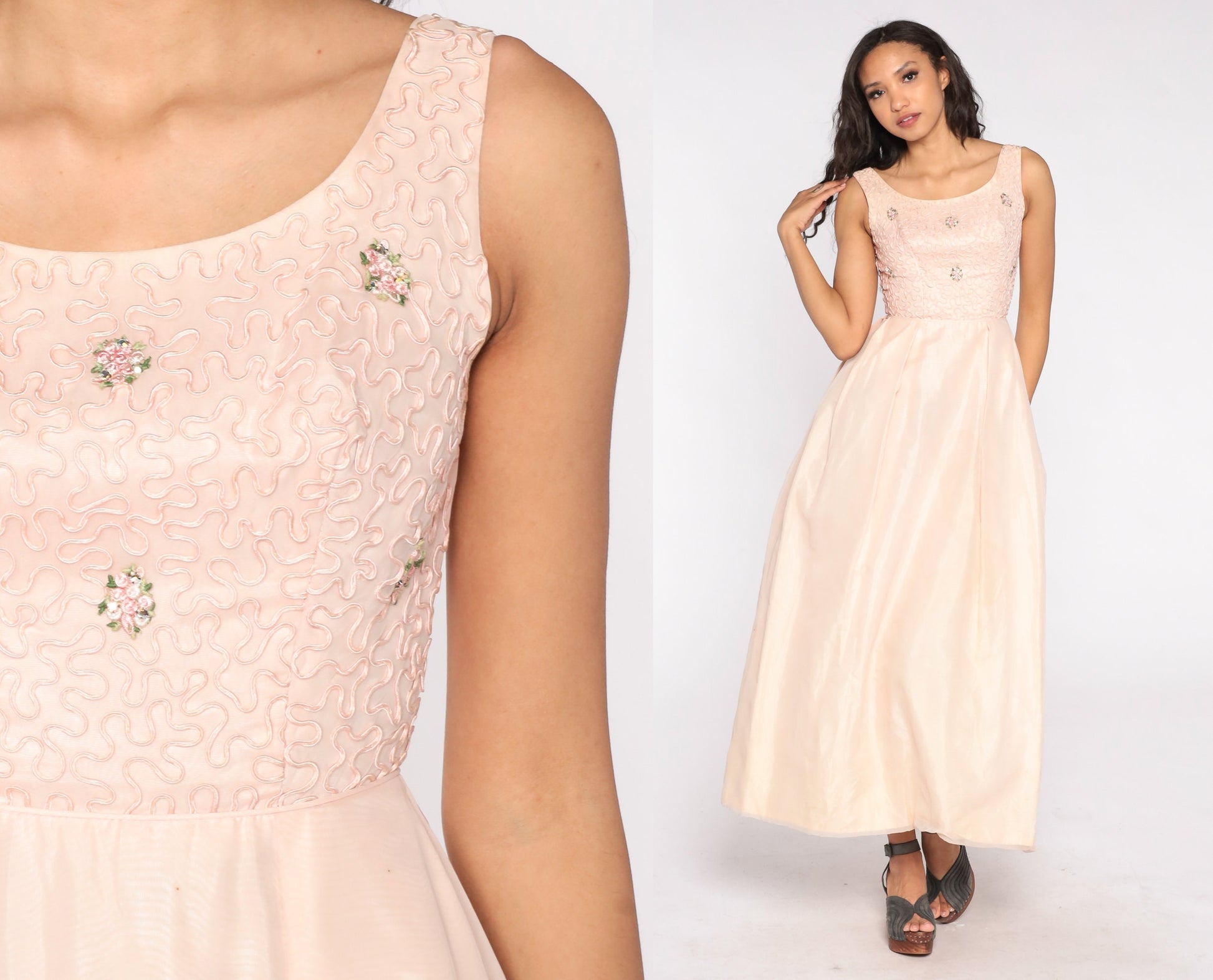 60s Pink Floral Maxi Dress Full Skirt Sleeveless Formal Gown Extra Small XS