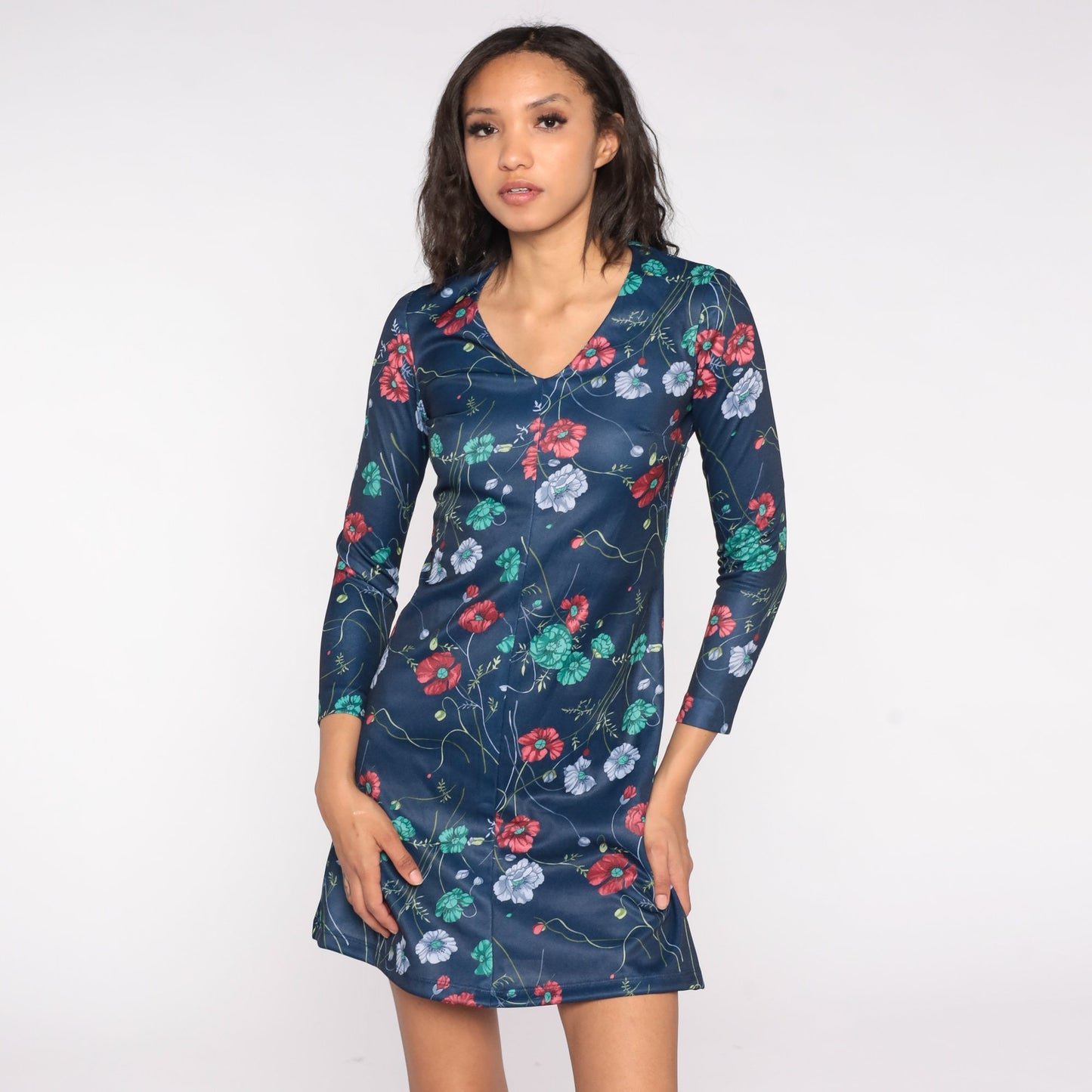70s Floral Mini Dress Navy Blue V Neck Long Sleeve Shift Small S