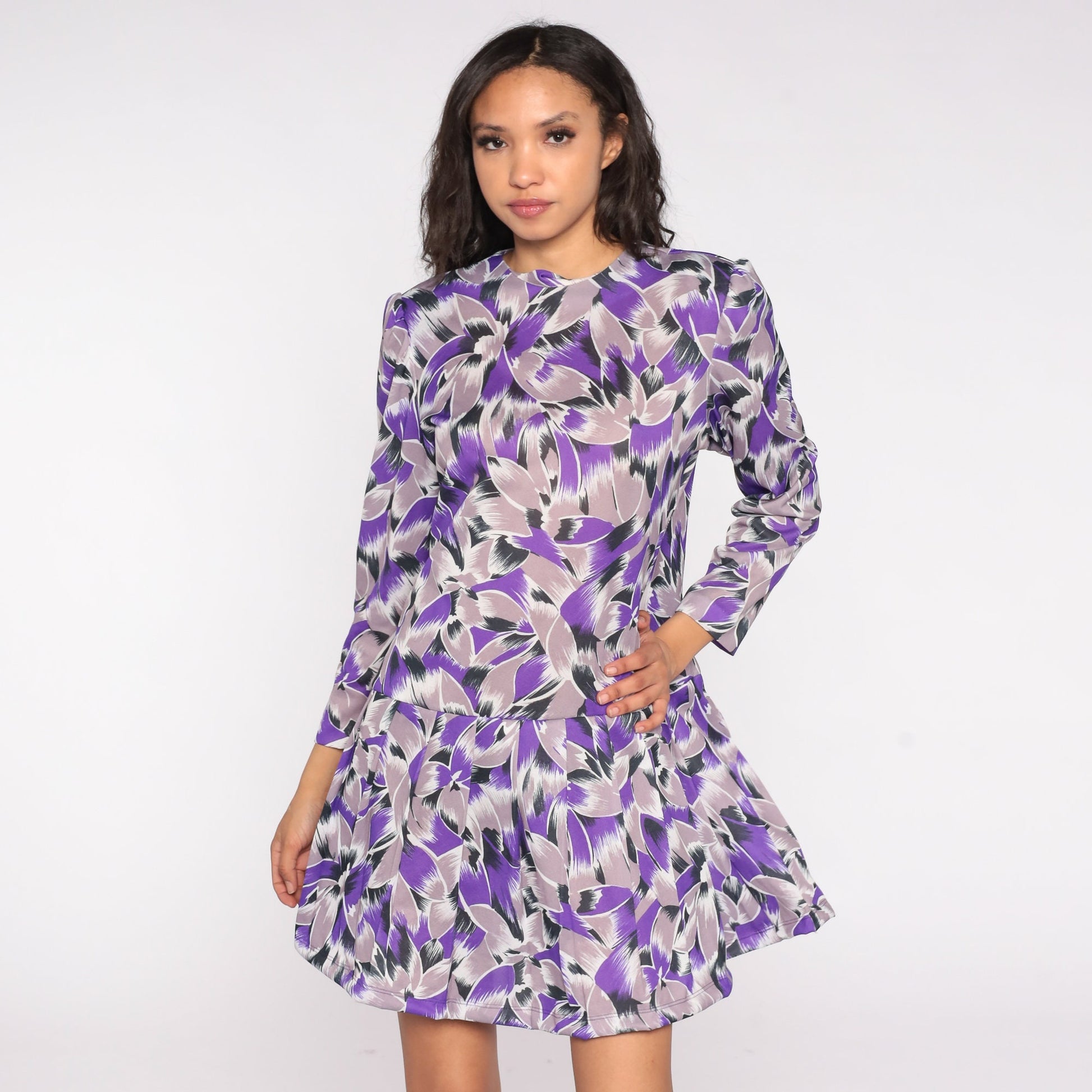 80s Purple Abstract Floral Mini Dress Puff Sleeve Drop Waist Large L