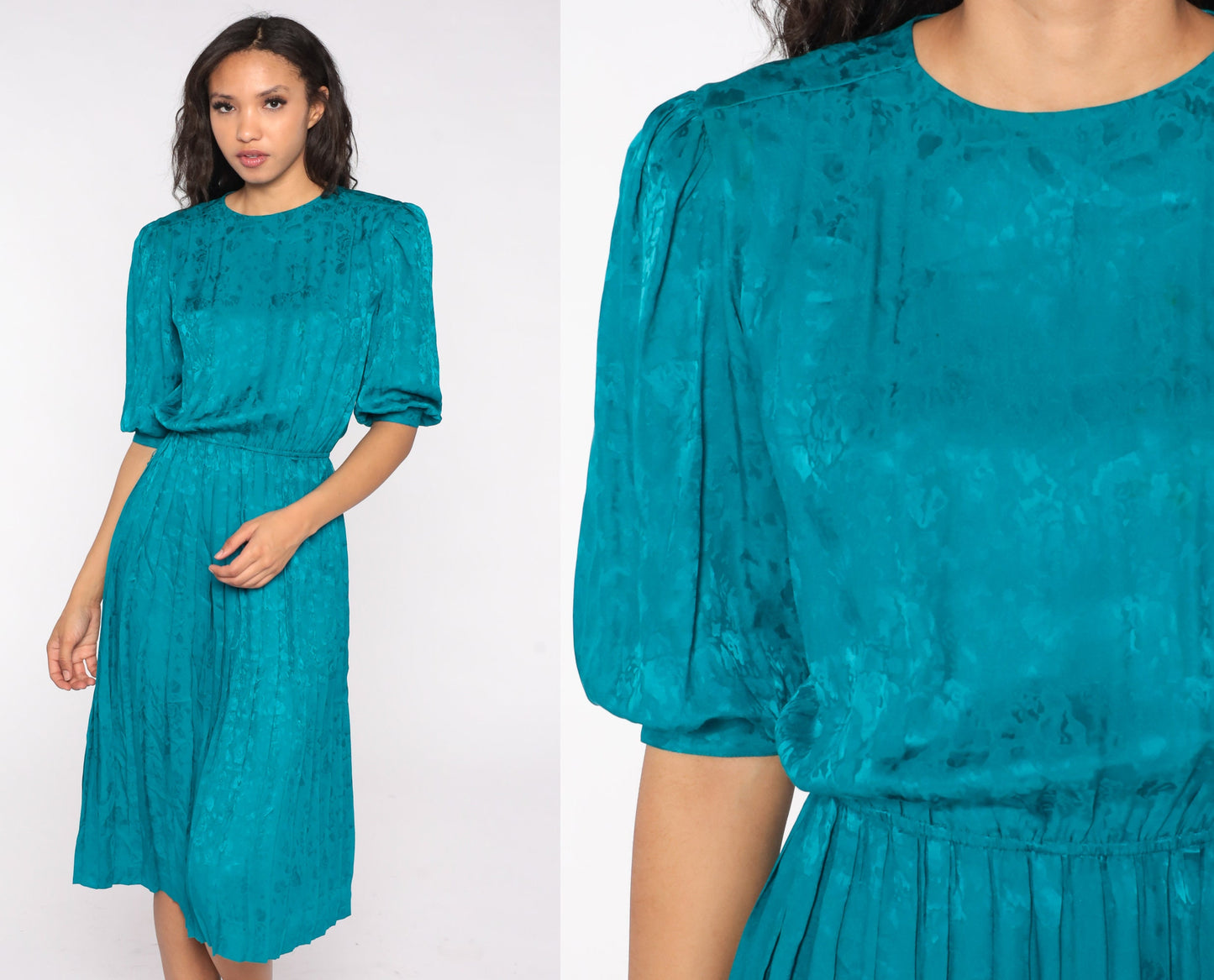 90s Teal Silk Midi Dress Puff Sleeve High Waist Pleated Floral Small