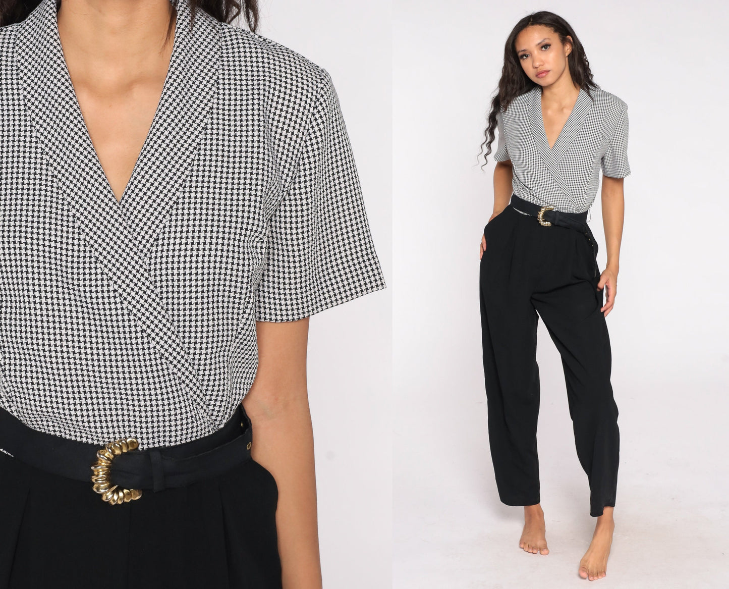 80s Black Checkered Jumpsuit High Waisted Collared V Neck Belted Pantsuit Large