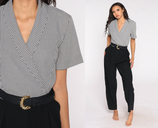 80s Black Checkered Jumpsuit High Waisted Collared V Neck Belted Pantsuit Large