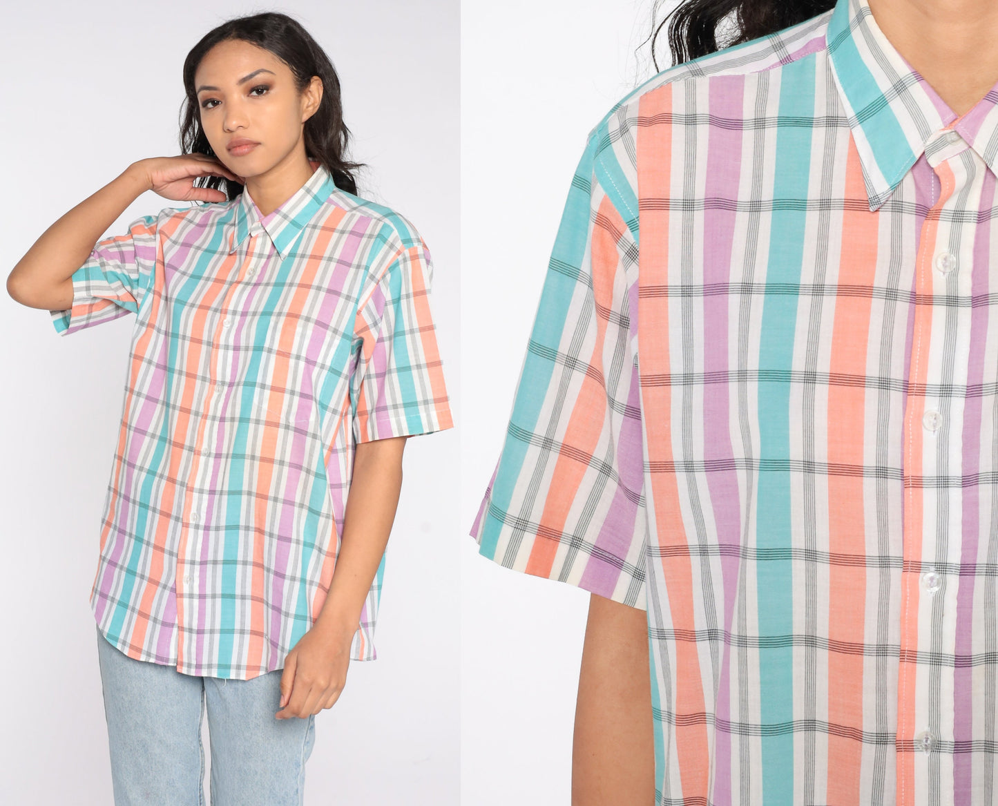 90s Plaid Button Up Shirt Short Sleeve Purple White Checkered Extra Large XL