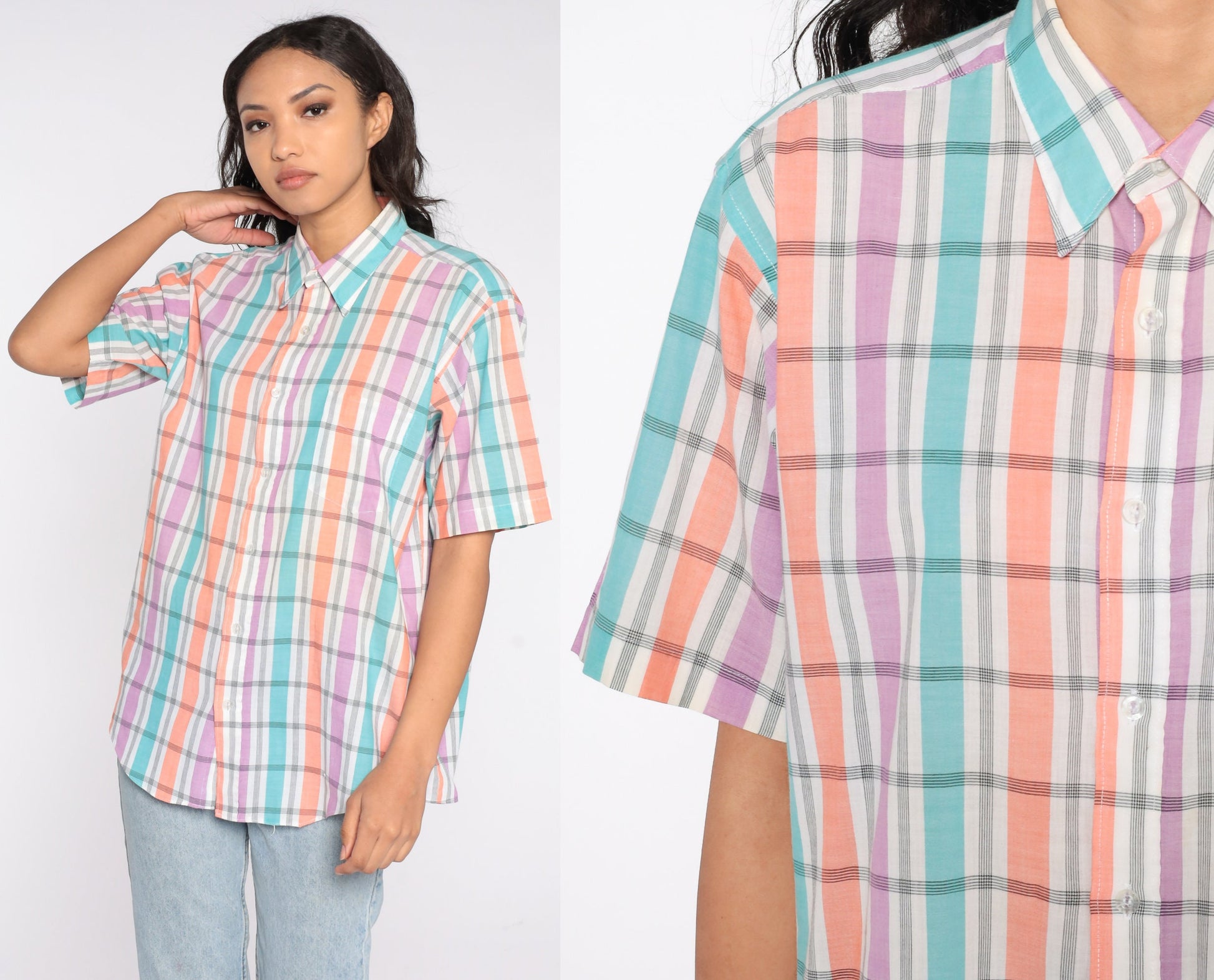 90s Plaid Button Up Shirt Short Sleeve Purple White Checkered Extra Large XL