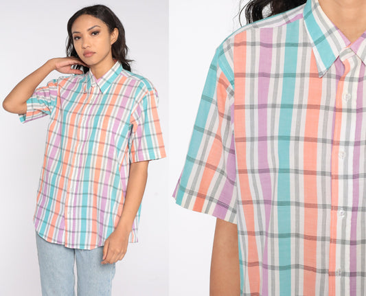 90s Plaid Button Up Shirt Short Sleeve Purple White Checkered Extra Large XL