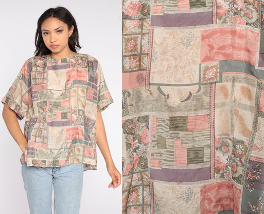 90s Silk Blouse Abstract Floral Patchwork Print Short Sleeve Pink Purple Extra Large XXL