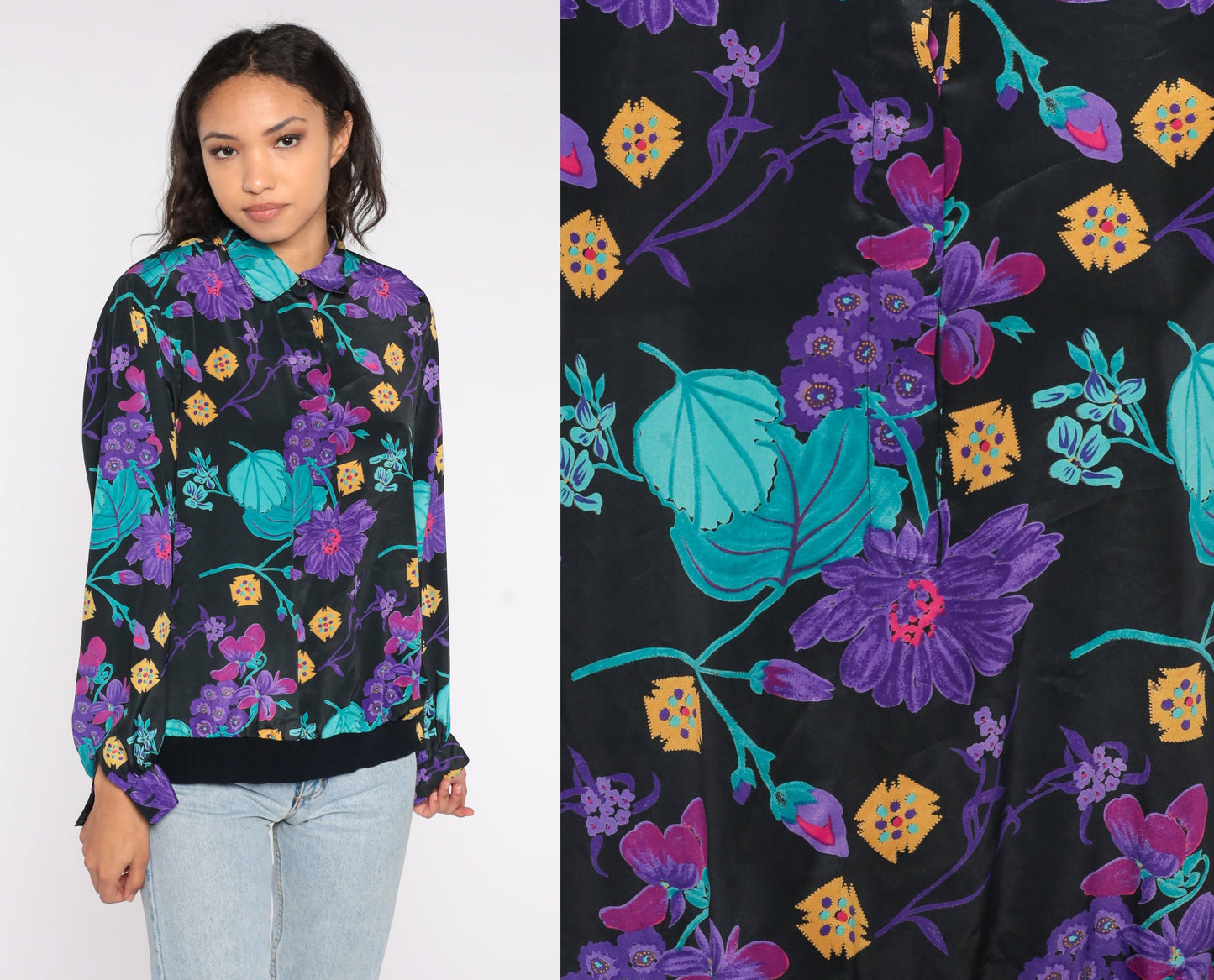 90s Floral Blouse Long Sleeve Collared Shirt Purple Print Banded Hem Large L