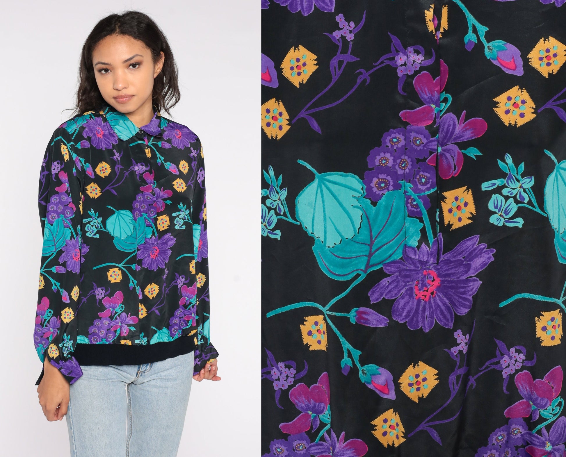 90s Floral Blouse Long Sleeve Collared Shirt Purple Print Banded Hem Large L