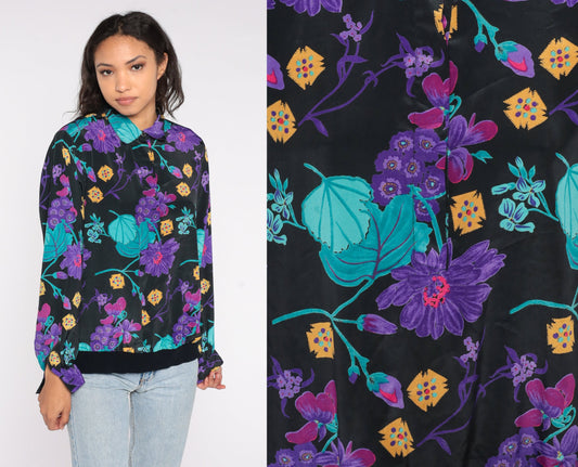 90s Floral Blouse Long Sleeve Collared Shirt Purple Print Banded Hem Large L