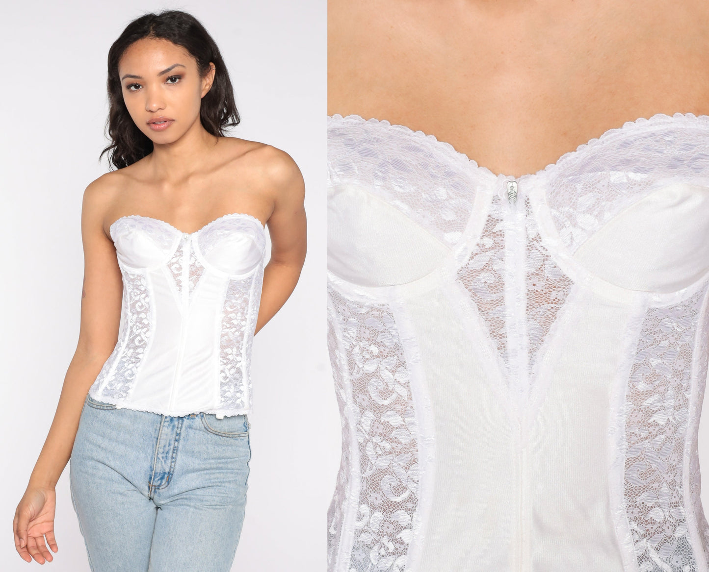 80s White Floral Lace Bustier Corset Boned Strapless Sweetheart 34B