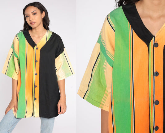 90s Neon Green Orange Striped Baseball Jersey Cotton Button Up Large
