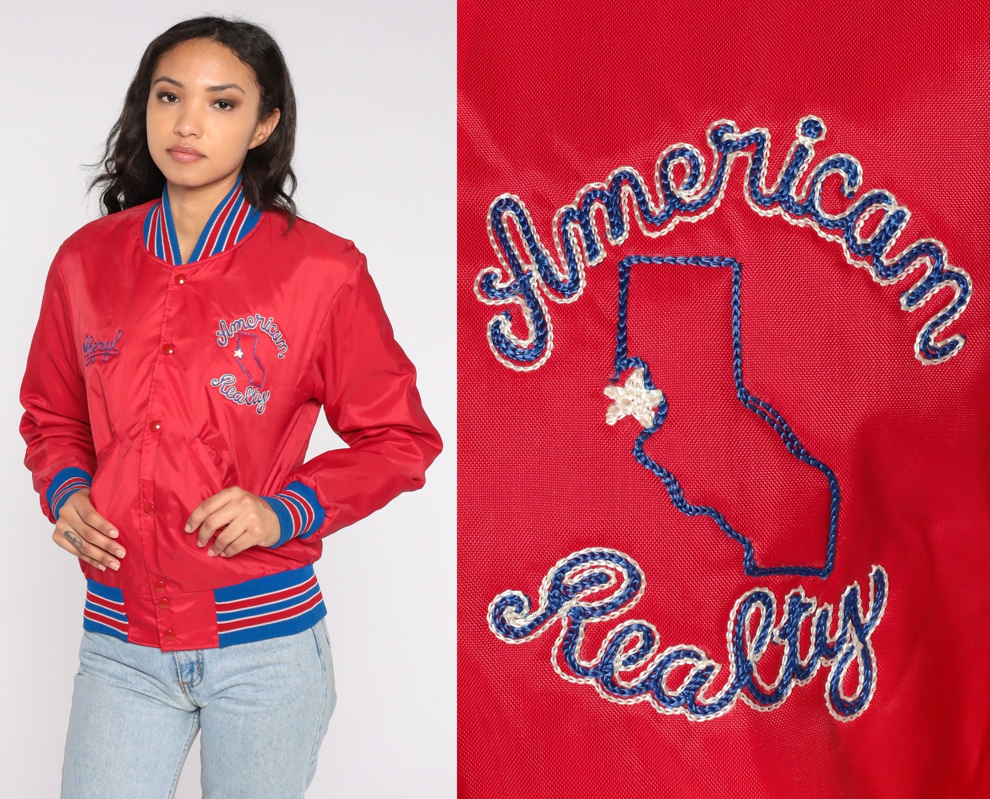 80s Red Bomber Jacket Cheryl American Realty Embroidered Snap Front Extra Small XS
