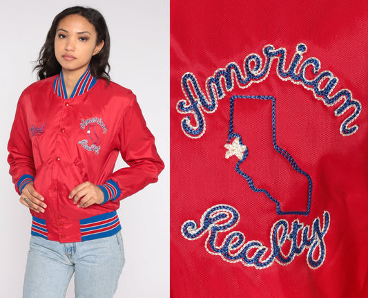 80s Red Bomber Jacket Cheryl American Realty Embroidered Snap Front Extra Small XS