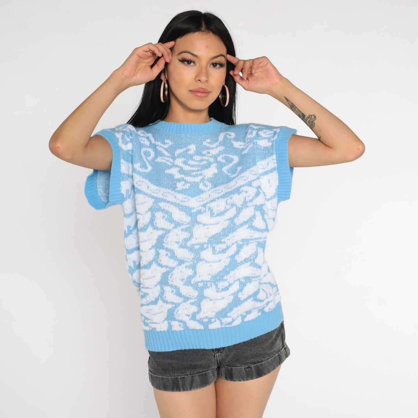 80s Metallic Floral Knit Sweater Cap Sleeve Blue Slouchy Large L