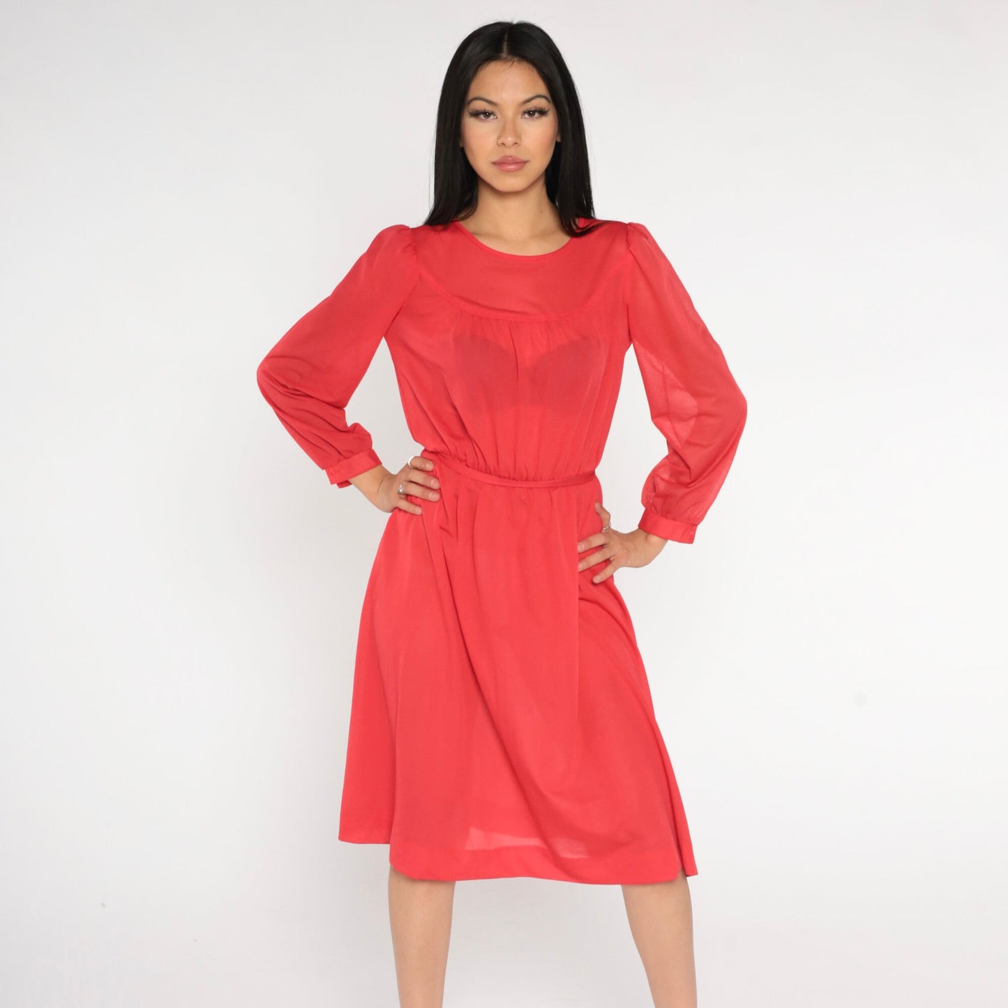 70s Red Sheer Midi Dress Puff Sleeve High Waist Long Sleeve Small Medium