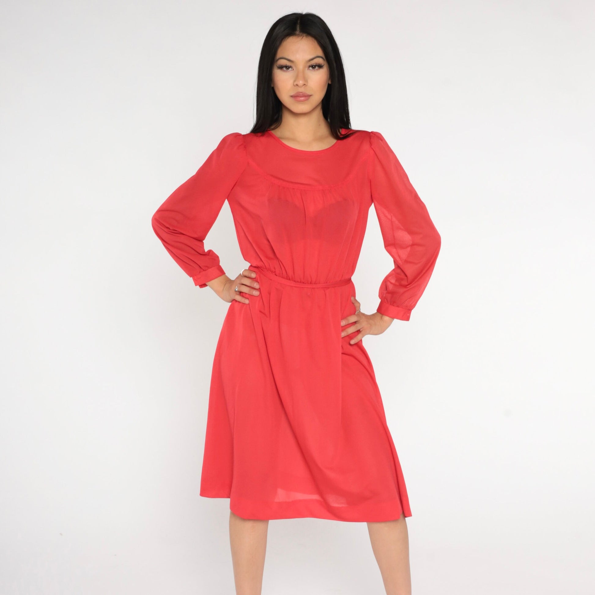 70s Red Sheer Midi Dress Puff Sleeve High Waist Long Sleeve Small Medium