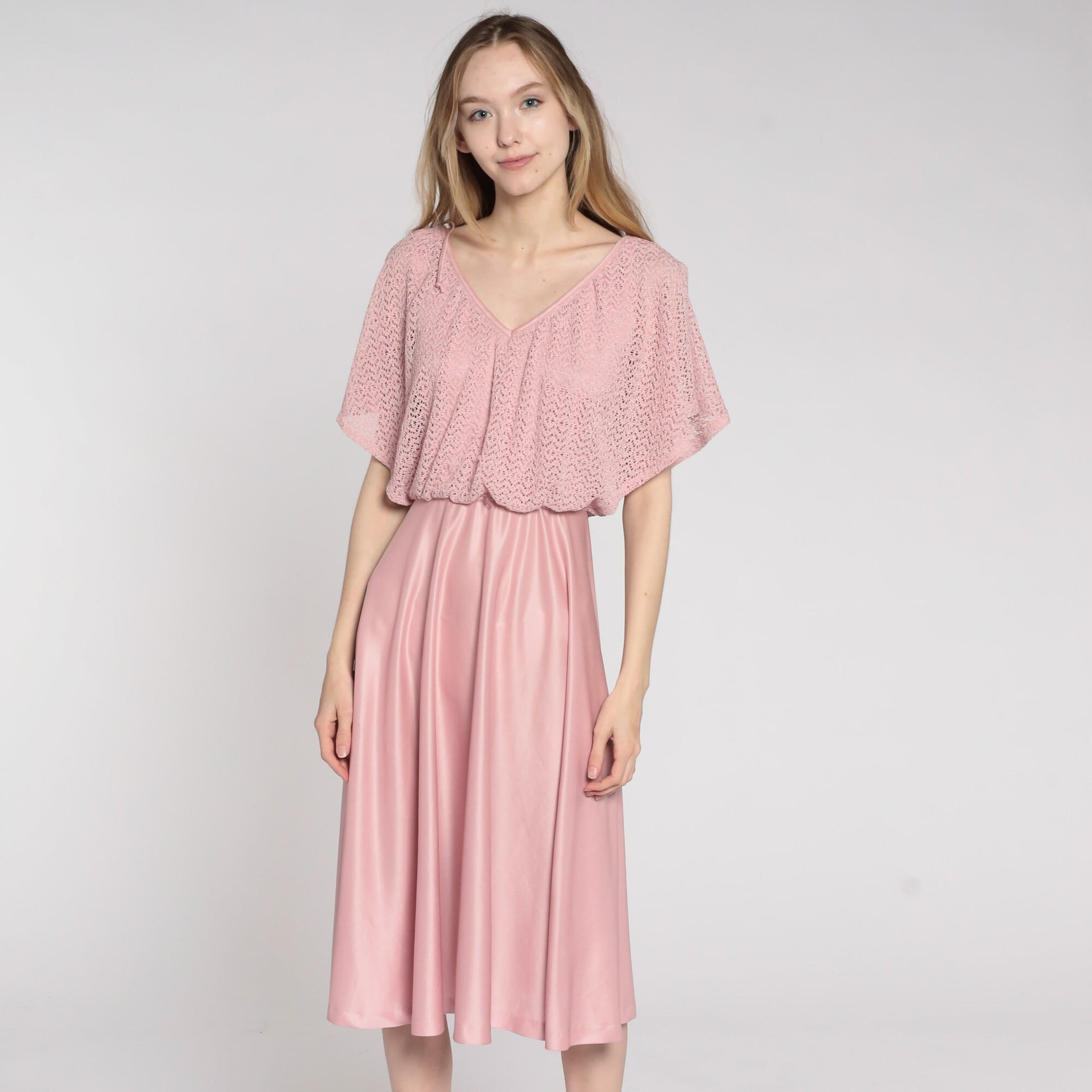 70s Pink Crochet Midi Dress Flutter Sleeve High Waist V Neck Small