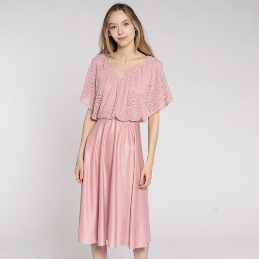 70s Pink Crochet Midi Dress Flutter Sleeve High Waist V Neck Small