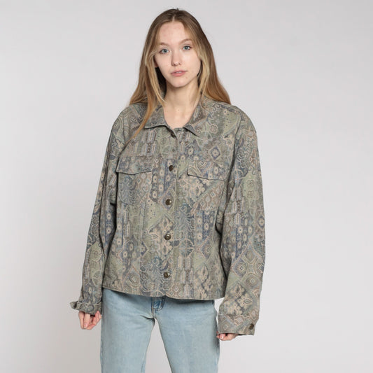 90s Geometric Cargo Jacket Cotton Button Up Taupe Blue Extra Large XL