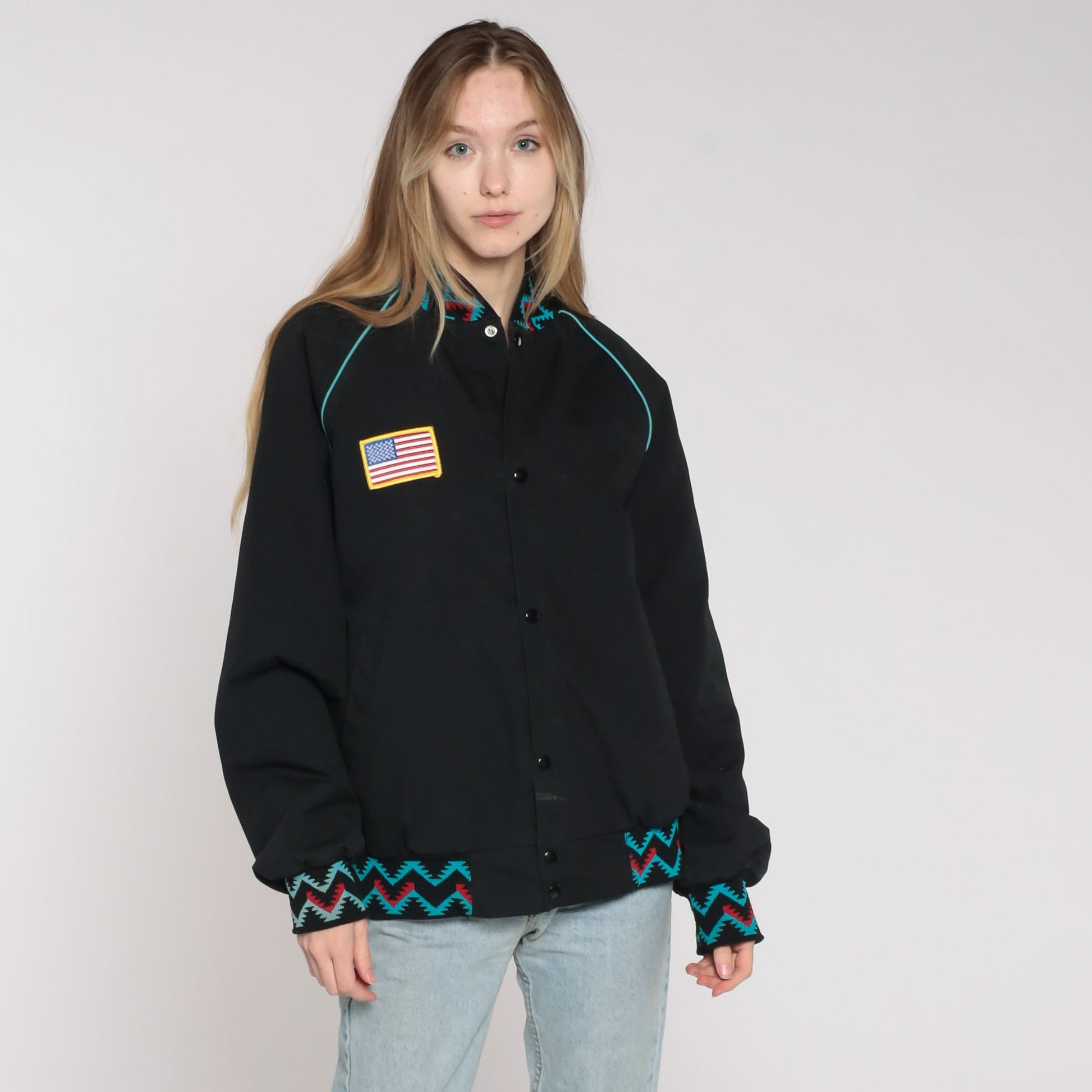80s Rock N Country Snap Jacket Black Aztec Graphic Unisex Large