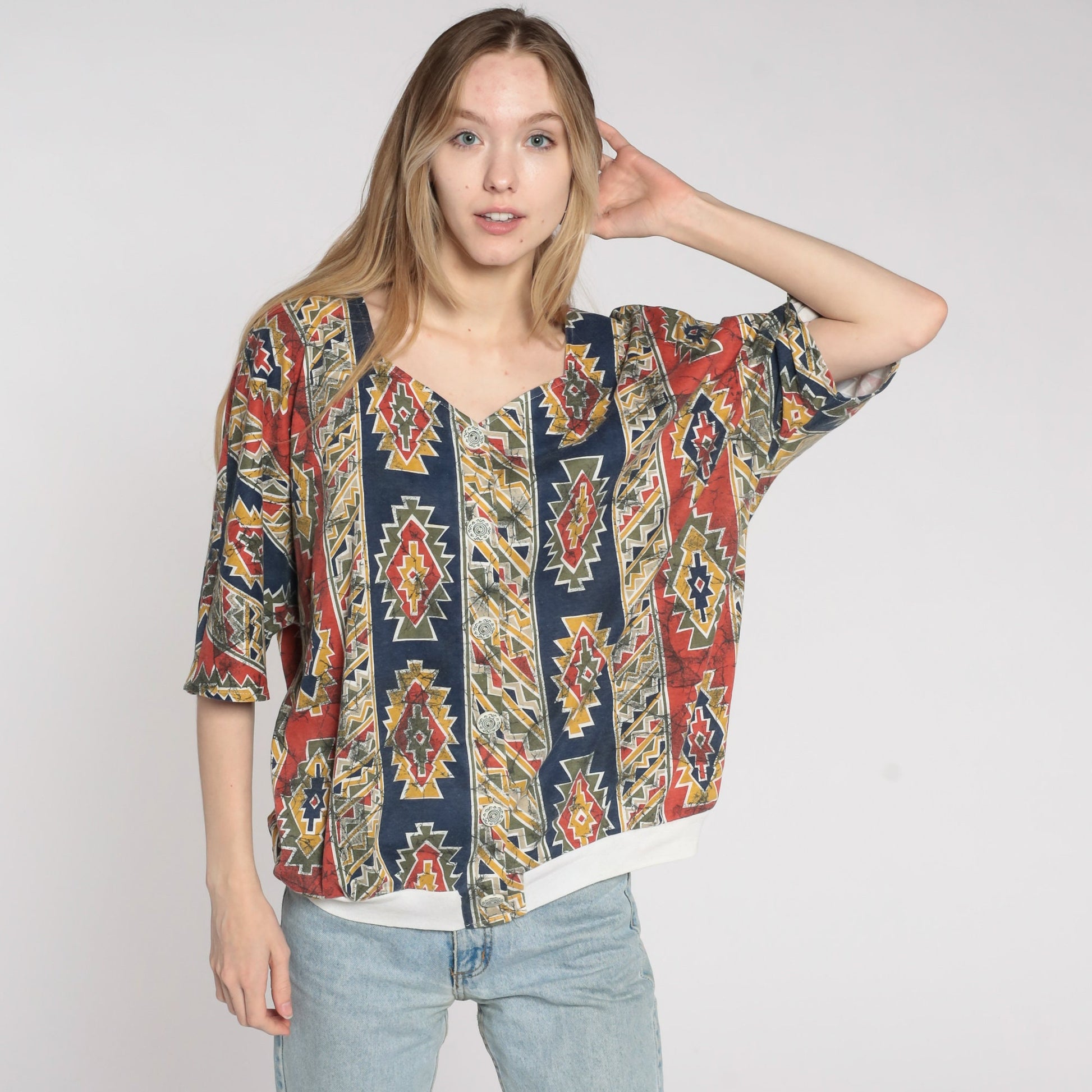 90s Southwestern Aztec Print Button Up Blouse Blue Red Striped Plus Size XXL