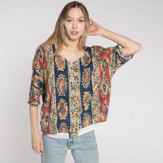 90s Southwestern Aztec Print Button Up Blouse Blue Red Striped Plus Size XXL