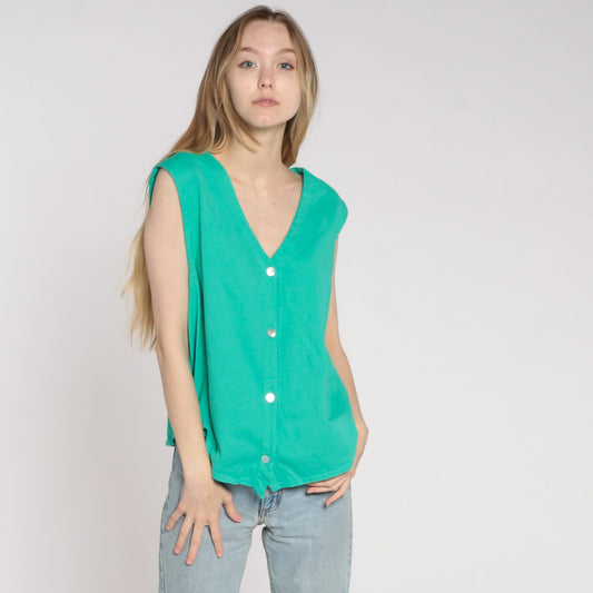 90s Green Button-Up Tank Top Sleeveless Blouse V-Neck Large L