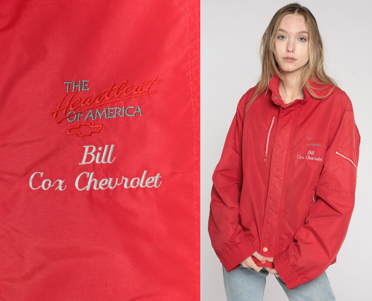 80s Cox Chevrolet Nylon Jacket Bill Embroidered Red Windbreaker Men's Large