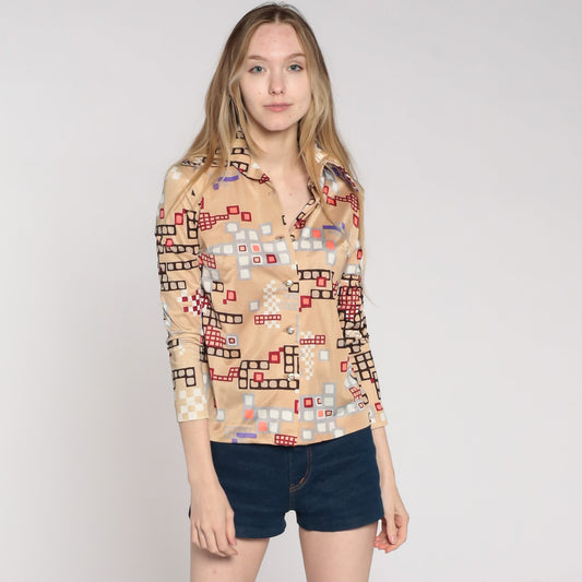 70s Psychedelic Geometric Print Button-Up Blouse Beige Long Sleeve Extra Small