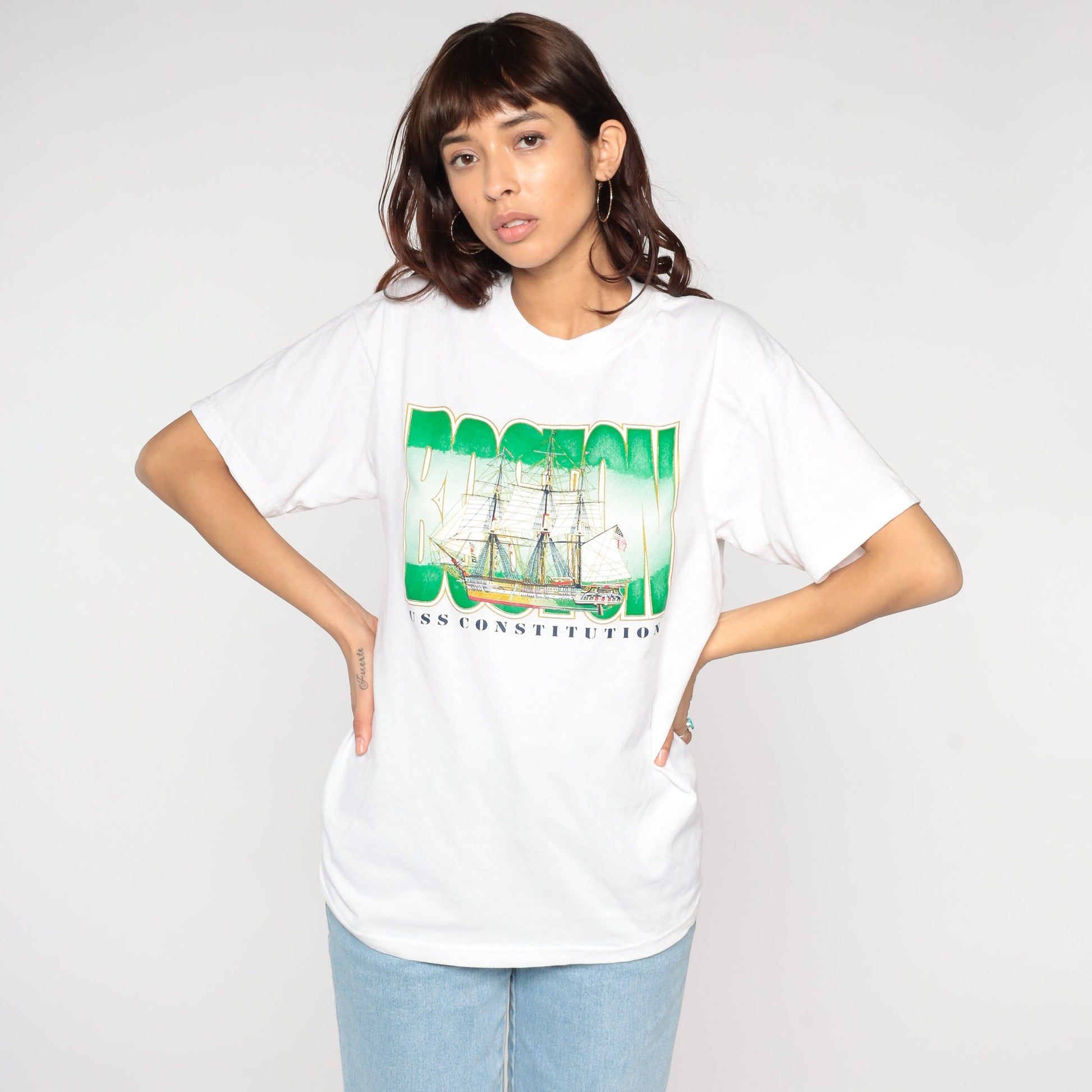Y2K USS Constitution Boston Graphic T-Shirt Navy Medium