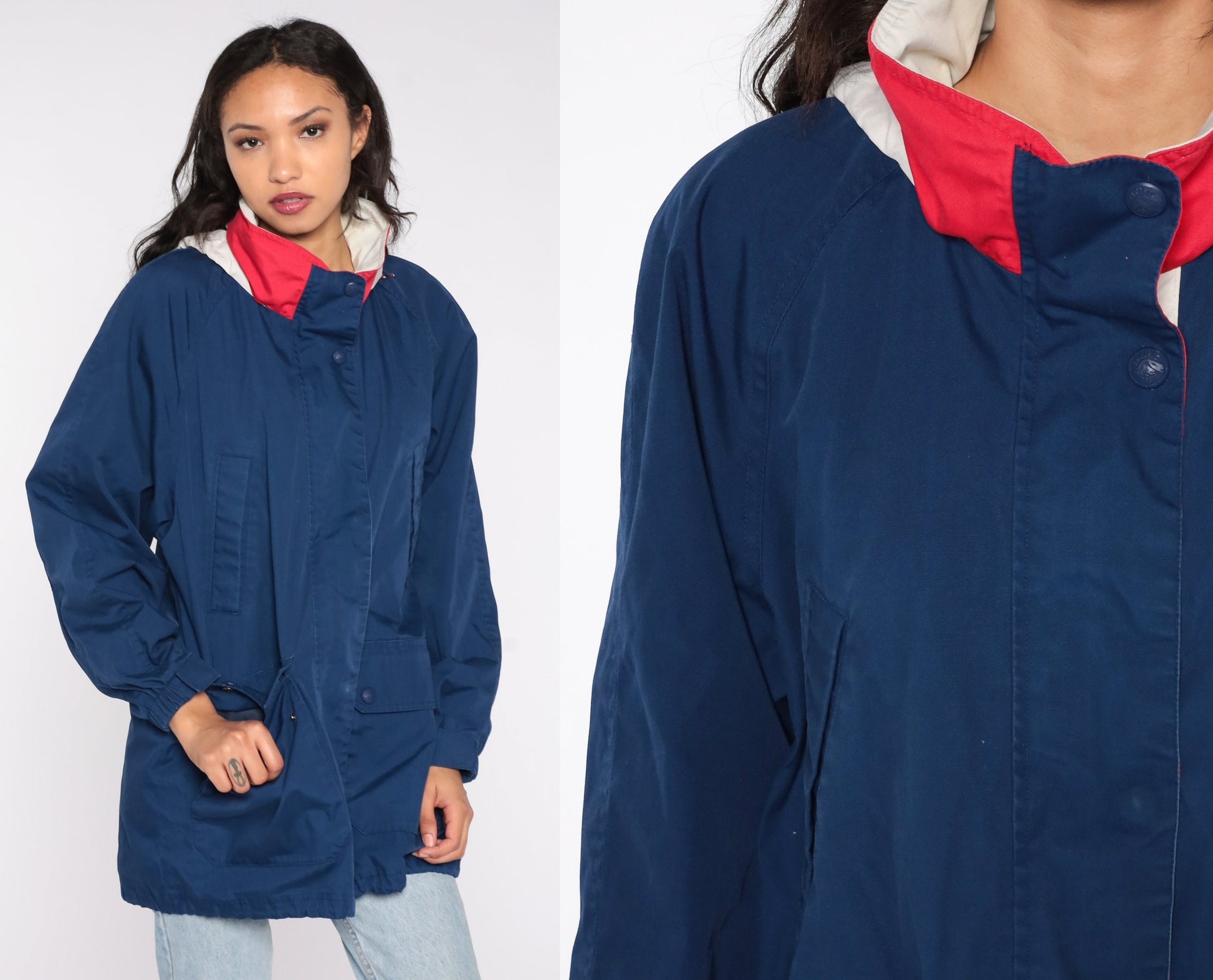 90s Navy Windbreaker Jacket Funnel Neck Raglan Lightweight Large L