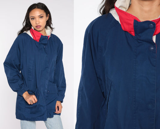 90s Navy Windbreaker Jacket Funnel Neck Raglan Lightweight Large L