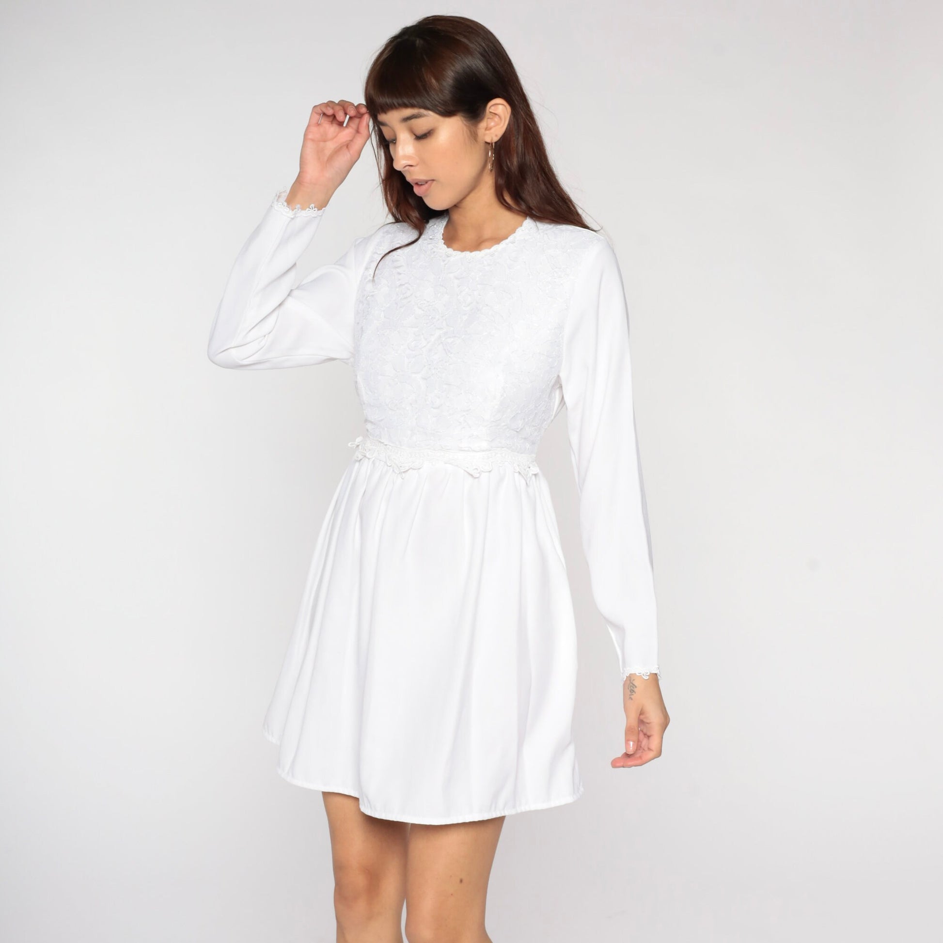 90s White Lace Mini Dress High Waist Long Sleeve Party Small