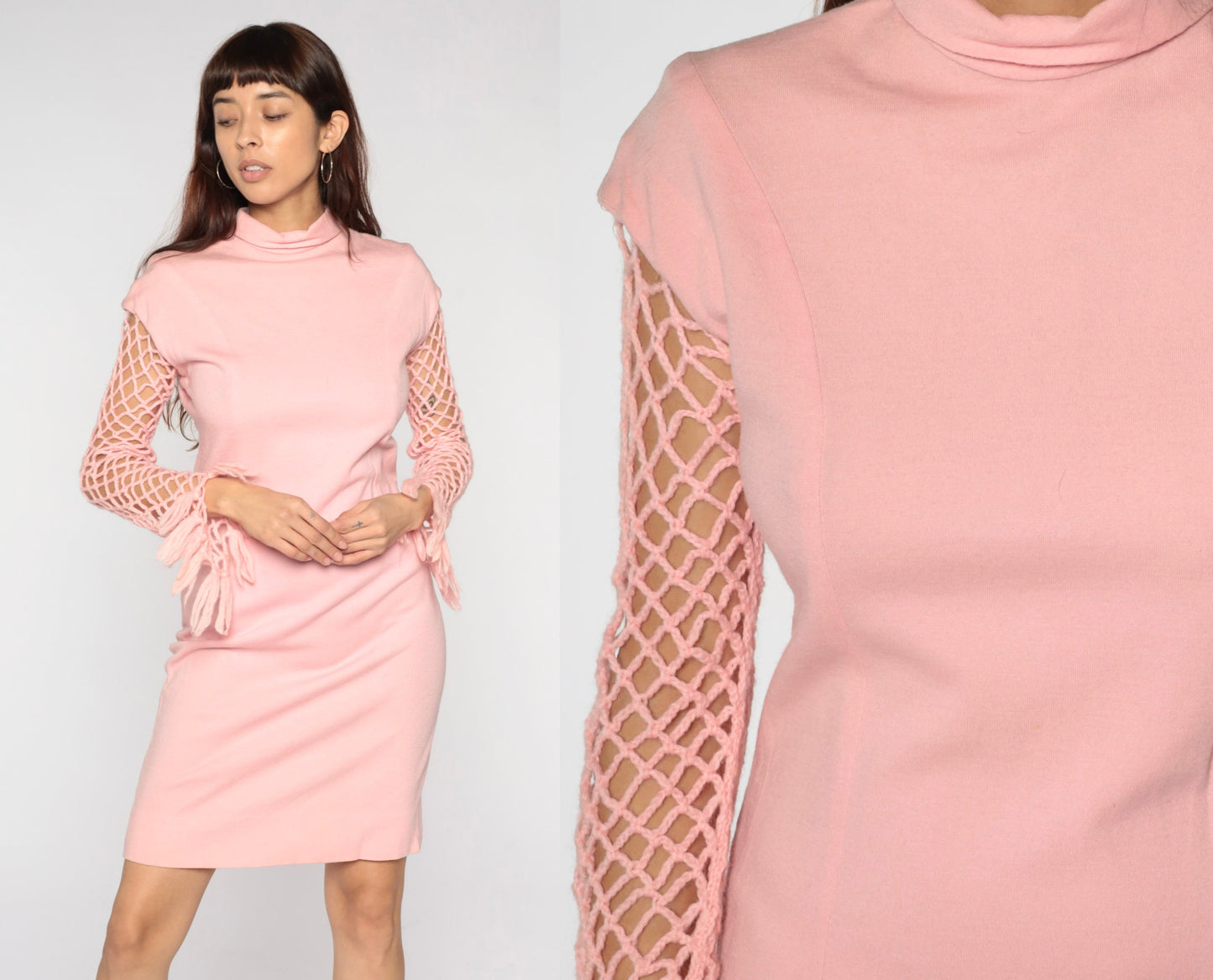 60s Mod Mini Dress Baby Pink Crochet Sleeve Mock Neck Small