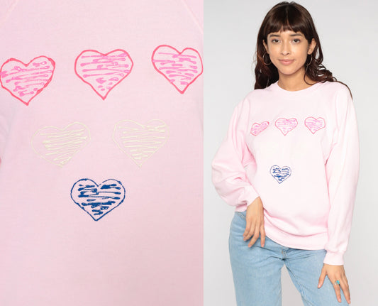 80s Hand Painted Heart Sweatshirt Baby Pink Raglan Graphic Large L
