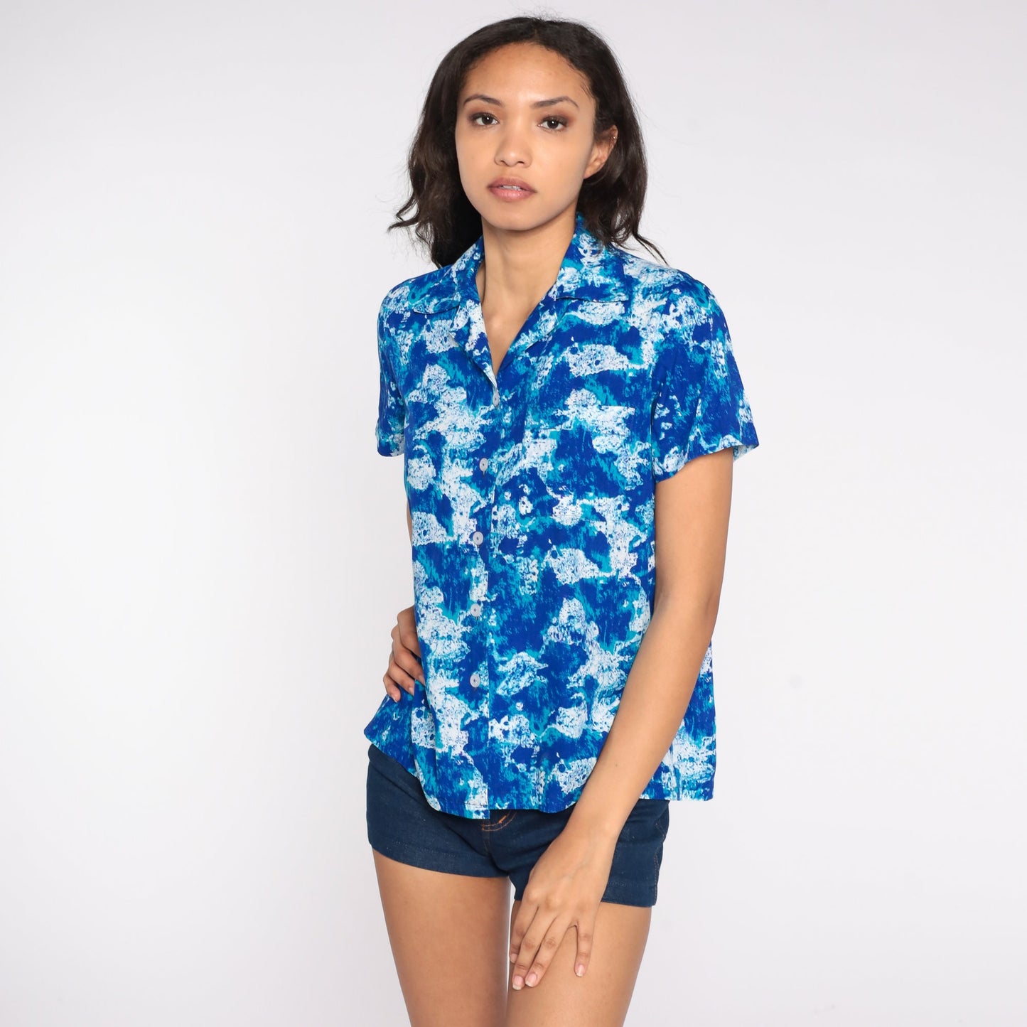 70s Psychedelic Abstract Button Up Blouse Blue Short Sleeve Medium Large