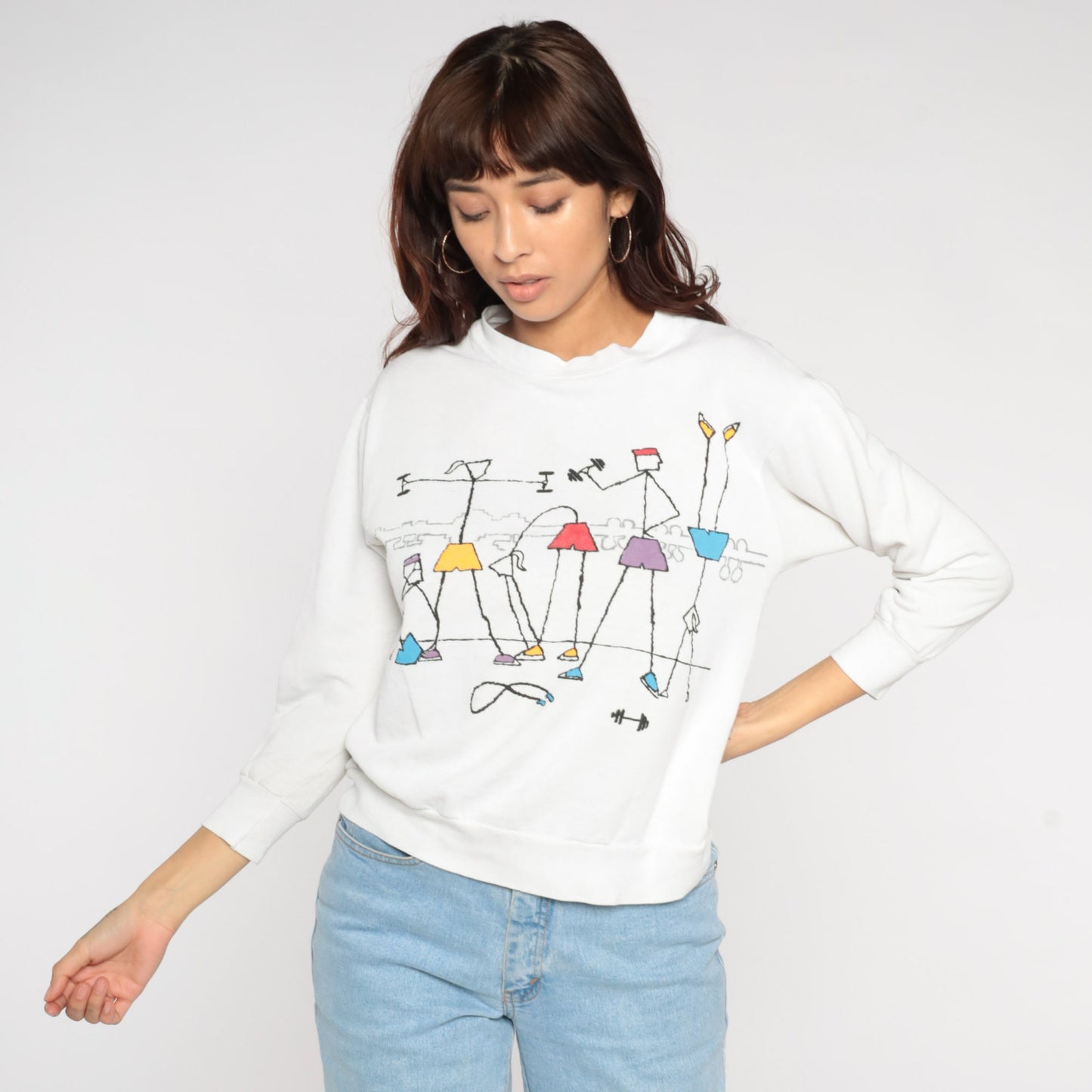 80s Workout Graphic Sweatshirt Stick Figure Fitness White Crewneck Medium