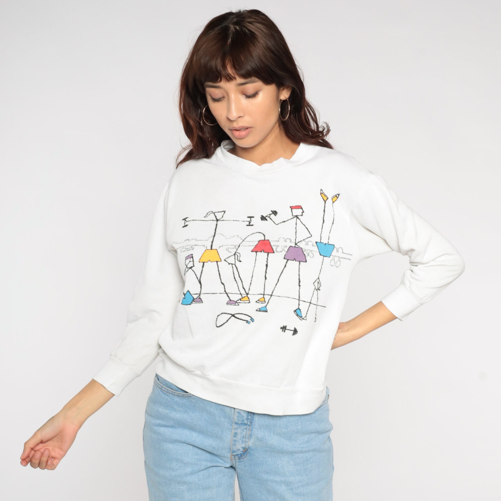80s Workout Graphic Sweatshirt Stick Figure Fitness White Crewneck Medium