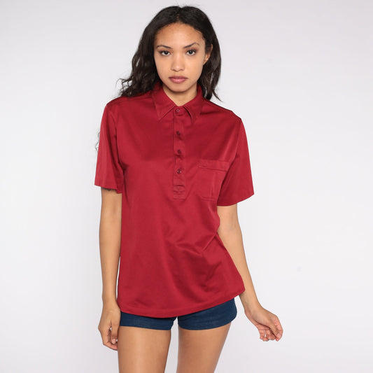 70s Burgundy Polo Shirt Button Up Collared Short Sleeve Medium