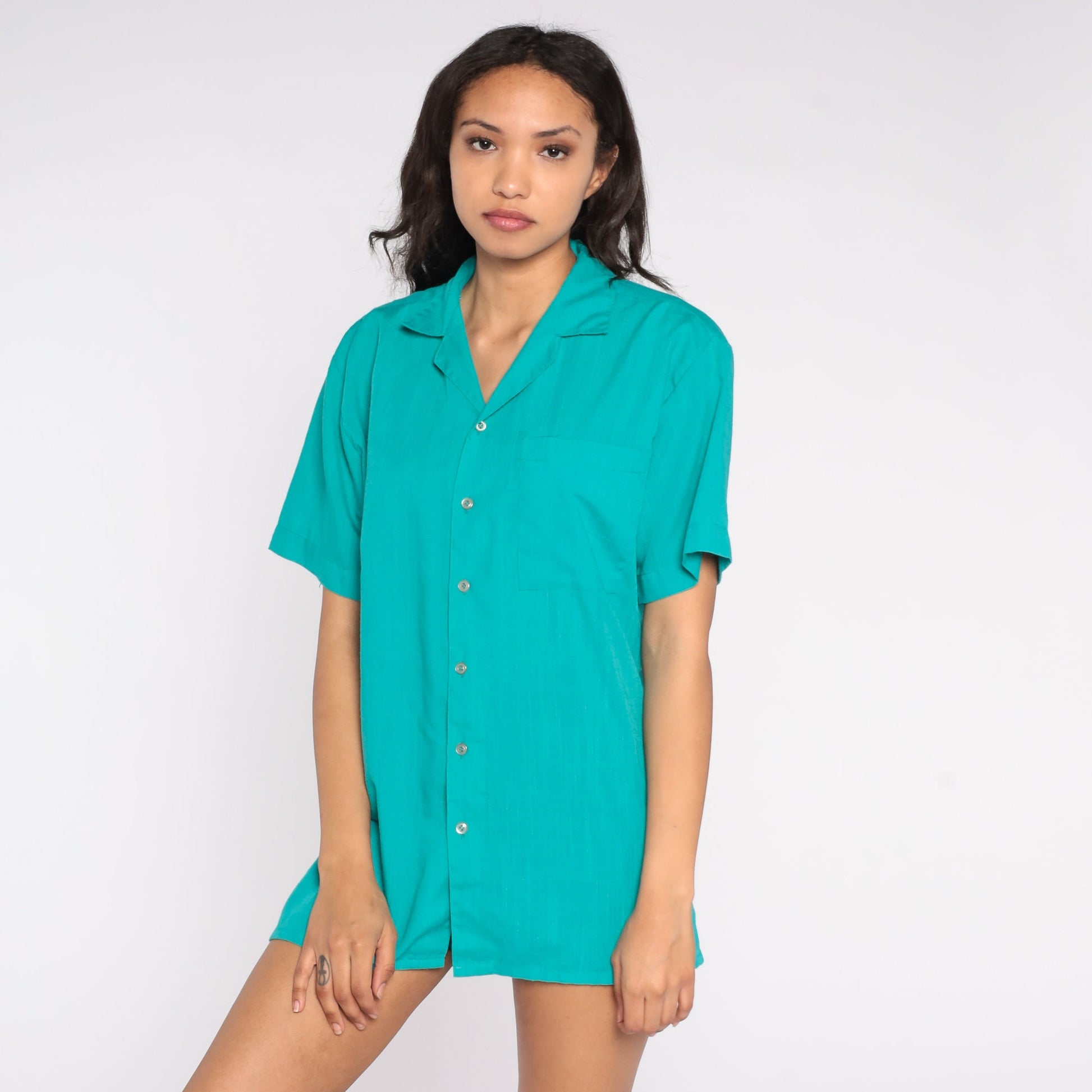 80s Turquoise Button-Up Shirt Short Sleeve Plain Top Medium Large