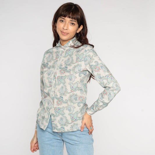 80s Paisley Blouse Peter Pan Collar Button-Up Long Sleeve Off-White Small S