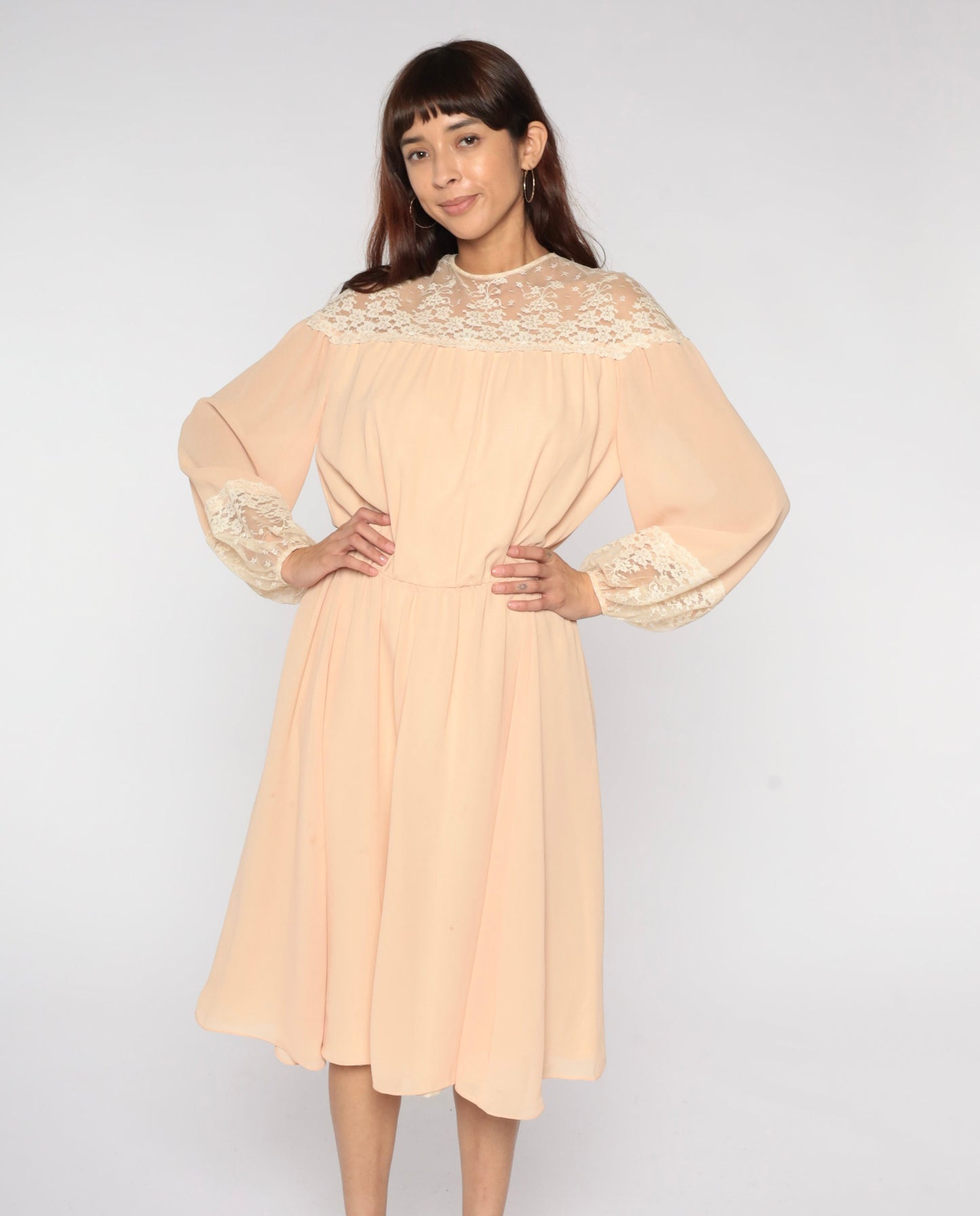 70s Peach Lace Midi Dress Illusion Neckline Long Sleeve High Waist Medium