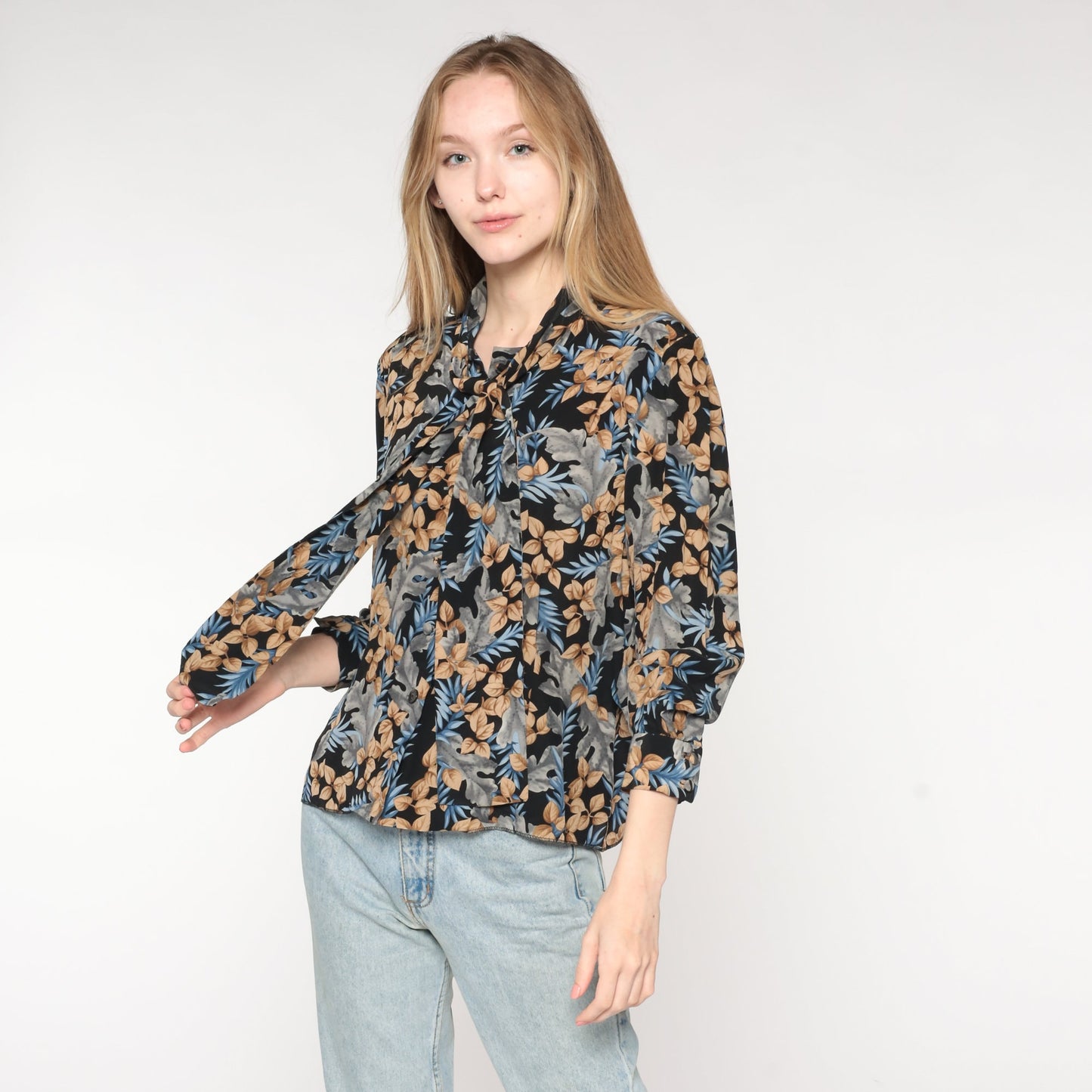 90s Black Leaf Print Ascot Blouse Long Sleeve Button Up Medium
