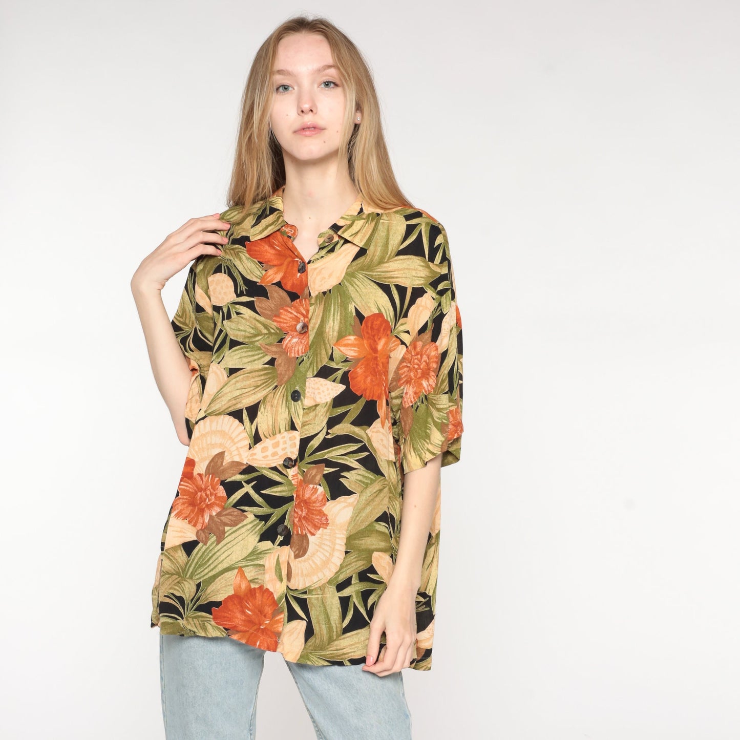 90s Tropical Floral Seashell Button-Up Shirt Orange Green Rayon Medium